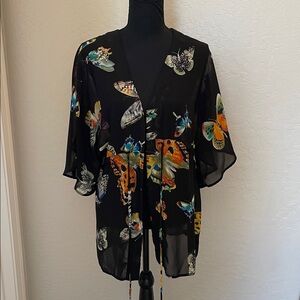 Black Kimono with Colorful Butterfly Print